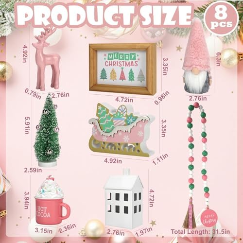 Pink Christmas Decorations 8 PCS Tiered Tray Decor Set for Home Office - Image 4