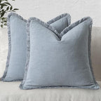 MIULEE Boho Linen Fringe Decorative Throw Pillow Covers Light Blue 18x18 by MIULEE