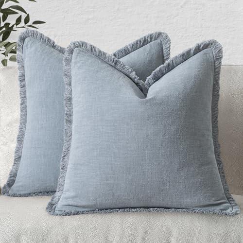MIULEE Boho Linen Fringe Decorative Throw Pillow Covers Light Blue 20x20 by MIULEE