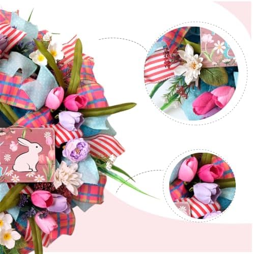 22 Inch Easter Bunny Wreath for Front Door, Spring Easter Bunny Wreath with Pink Tulip and Flowers for Indoor Outdoor, Easter Ribbon Wreaths for Home Decor - Image 2