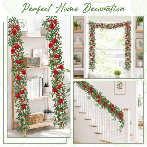 12FT Artificial Flower Garland 2 PCS Fake Red Silk Rose Vines Home Decor - Image 7