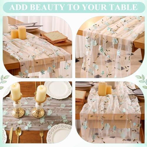 Embroidery Floral Table Runner Rustic Spring Summer Wildflower Tulle Table Runner Vintage Flower Kitchen Dining Tabletop Runners Decoration for Home Wedding Party, 108x24.5 Inch (Green Flowers) - Image 4