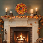 20" Sunflower Fall Wreath for Front Door Outside with Maple Leaves & Berry - Image 7