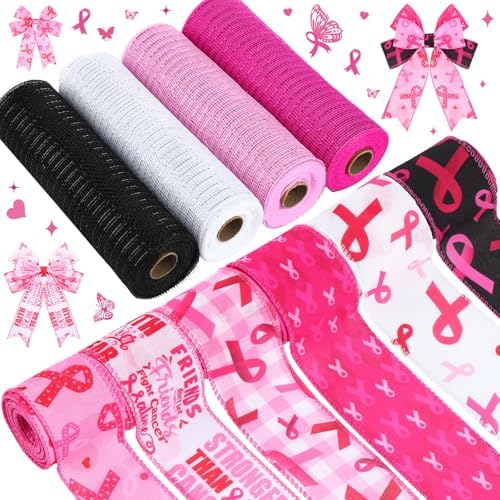 10 Pcs Breast Cancer Awareness Ribbon Mesh Ribbon Wired Ribbons by Yuefunny