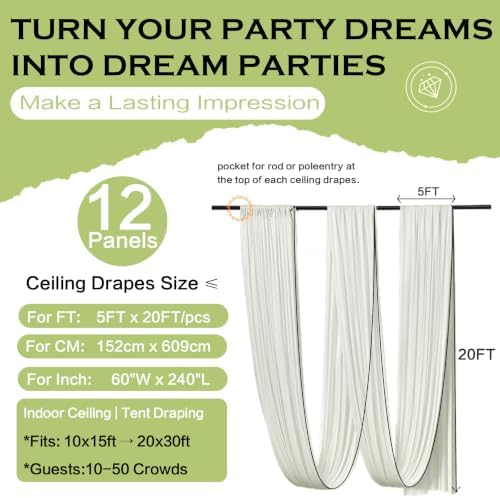 12 Panels 5ft(W) x 20ft(H) Ivory Ceiling Drapes for Wedding Parties - Image 6