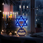Krissing 12" Hanukkah Wooden Signs with Lights Battery Operated Happy Hanukkah Menorah with Blue Lights Star of David Hanukkah Lighted Signs for Hanukkah Table Mantel Jewish Holiday Decorations - Image 3