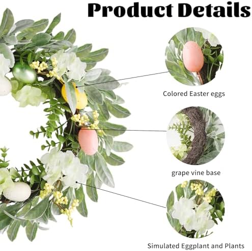 18 Inch Easter Wreath for Front Door Spring Door Wreaths with Easter Eggs Eggplant Handcrafted Wreath Garlands for Indoor Outdoor Decorations - Image 3