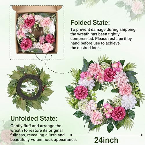 24-Inch Spring Wreath for Front Door with Hydrangeas Dahlias Daisy Silk Flowers and Berry Greenery for All Seasons Indoor Outdoor Wedding Farmhouse Porch Wall Living Room Home Wedding Decor - Image 5
