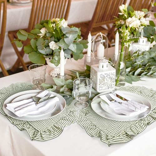 Whaline Vintage Green Cotton Placemats with Ruffle Stripe Kitchen Place Mats for Birthday Party Home Dining Table Decor, Set of 6, 14.5 x 19.7 in - Image 5