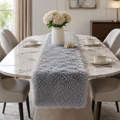 Faux Fur Table Runner Fluffy Plush Sherpa Table Runner for Christmas Winter Wedding Dining Table Holiday Decor Soft Snow Fur Runner (Grey, 11.8 x 59.0 Inch) by TopAufellFauxFurDecor