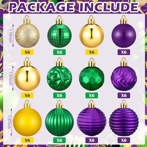 Lunmon 72 Pcs Mardi Gras Christmas Ornaments Green Gold Purple Baubles - Image 3