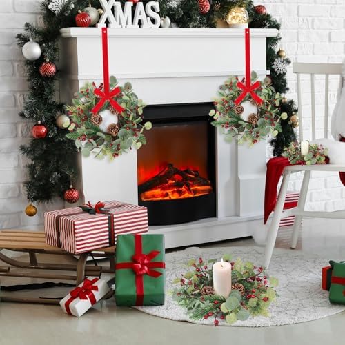 8 PCS Christmas Mini Cabinet Wreath for Kitchen with Ribbon Artificial Eucalyptus Cedar Hanging Garland with Red Berries Pine Cones for Swag Table Centerpiece Door Window Chair Wall Winter Decor - Image 6