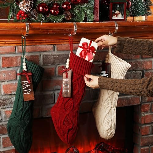 Zubebe 4 Sets 18 in Knitted Christmas Stockings Kit, Metal Stocking Holder and Name Tags Large Knit Xmas Stocking with Marker Pen for Family Holiday Xmas Party Fireplace Mantel Decor - Image 2