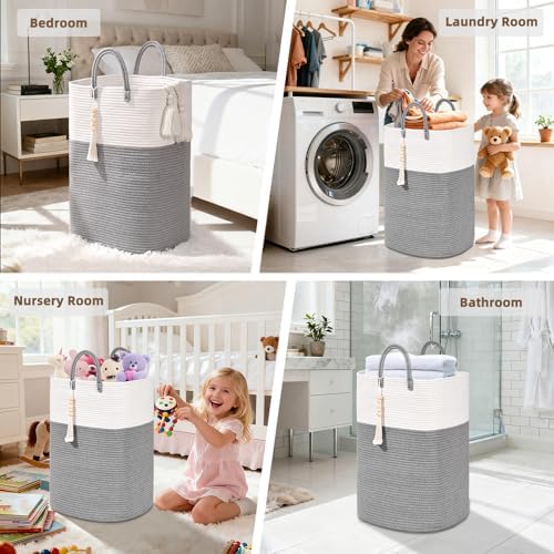 Woven Laundry Basket for Clothes, 100L Large Rectangle Laundry Hampers with Beads Tassel, Nursery Storage Basket for Toys, Tall Dirty Clothes Hamper for Bedroom Aesthetic, Laundry Room Organization - Image 5