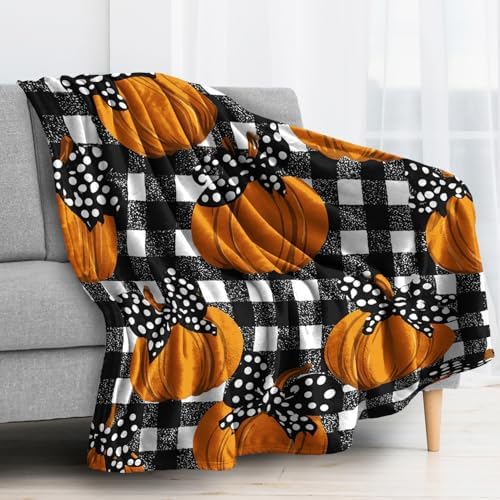 Fall Pumpkin Blanket, Black and White Plaid Fleece Throw Blanket Queen Size for Couch Bed Sofa, Autumn Seasonal Blankets and Throws, Decor & Gifts, Super Soft Plush Flannel Blanket, 90x90 - Image 2
