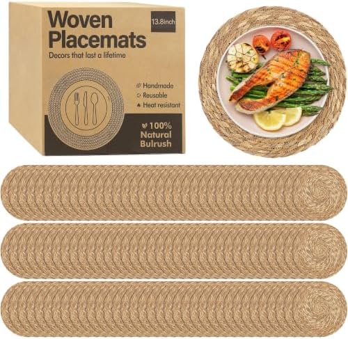 Elcoho 80 Pieces Round Woven Placemats 13.8 Inch Boho Rattan Placemats by Elcoho