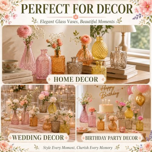 84 Pcs Colored Glass Bud Vases in Bulk, Small Flower Vases for Centerpieces Table Decorations, Mini Vintage Colored Glass Bottles, Wedding, Baby Shower, Home Decor (Orange Yellow Series, 84 PCS) - Image 6