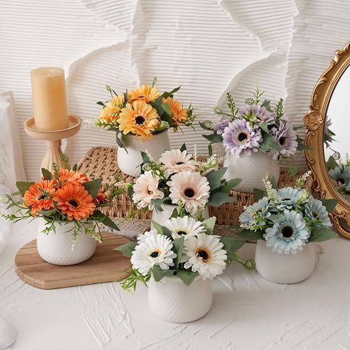 LUEUR Artificial Flowers with Ceramic Pot–6PCS Fake Sunflowers in Vase - Image 4