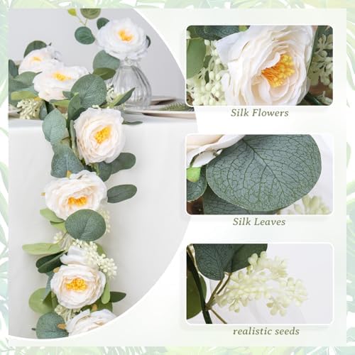 Uguisu 2Pcs Artificial Garland with Roses, 5.9ft Greenery Eucalyptus Garland for Wedding, Party, Mantel, Table, Indoor and Outdoor Decoration. Champagne - Image 4