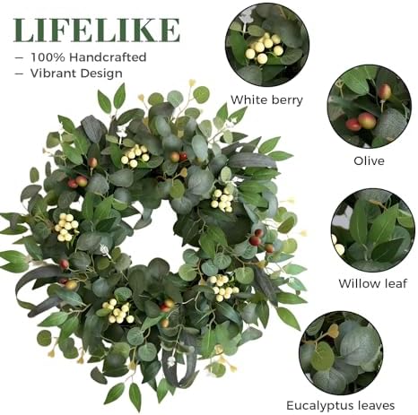 22-24" Eucalyptus Wreaths for Front Door,Spring Summer Fall Autumn Winter Wreaths,Large Eucalyptus Greenery Wreath with Olive Leaves Berries for Front Door Outdoor Farmhouse Decor All Seasons - Image 3
