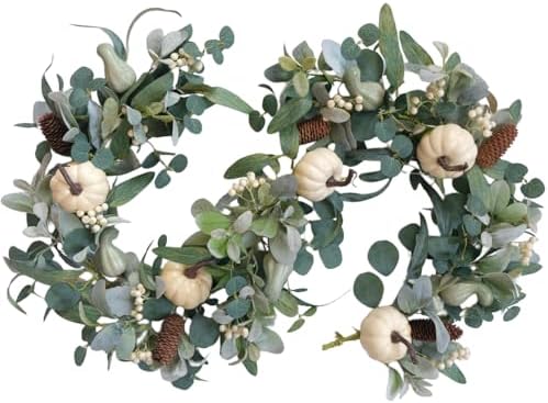 70 Inch Fall White Pumpkin Green Leaves Garland for Front Door, Fall Green Leaves Garland with Berries Pinecone Pumpkin for Indoor Outdoor, Fall Home Decor by Egolot