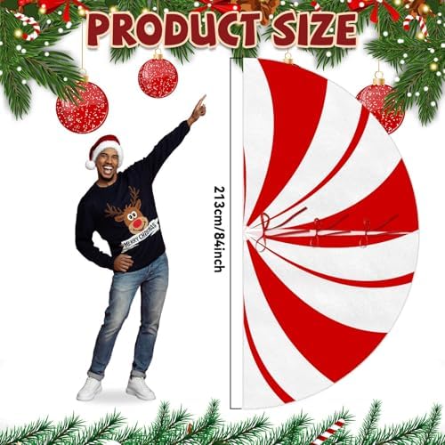 84 Inch Large Christmas Tree Skirt Candy Cane Swirl Christmas Tree Mat Peppermint Candy Red and White Xmas Tree Skirt Decorations for Gingerbread Christmas Home Party Winter Holiday Ornament - Image 2