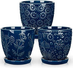 Hollyone Set of 3 Blue Ceramic Planter 6 Inch Flower Plant Pot with Drainage Hole and Saucer for Plants Embossed Indoor Outdoor Garden Embossed Ceramic Glazed Round Pot for Succulent Orchid - Image 7