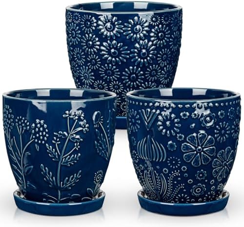 Hollyone Set of 3 Blue Ceramic Planter 6 Inch Flower Plant Pot with Drainage Hole and Saucer for Plants Embossed Indoor Outdoor Garden Embossed Ceramic Glazed Round Pot for Succulent Orchid - Image 7