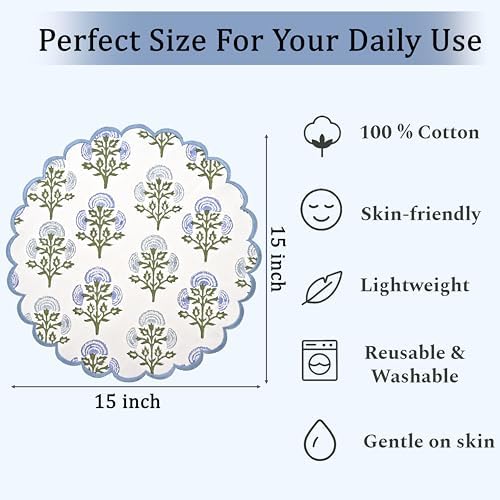 Ridhi Floral Block Print Round Placemats 15" in, Set of 4, Mughal Buta Blue - Image 6