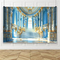 Leowefowa Luxurious Castle Backdrop Blue Gold 20x10ft Fairy Tale Castle Background, Blue and Gold Luxury Hall Stairway Photography Backdrop, Royal Palace Chandelier Staircase Party Decorations Banner by Leowefowa