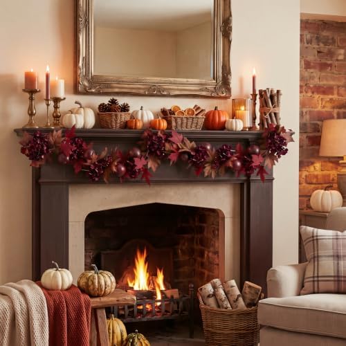 XunYee 6 ft Burgundy Fall Garland with Apples Hydrangea Maple Autumn Wreath - Image 3