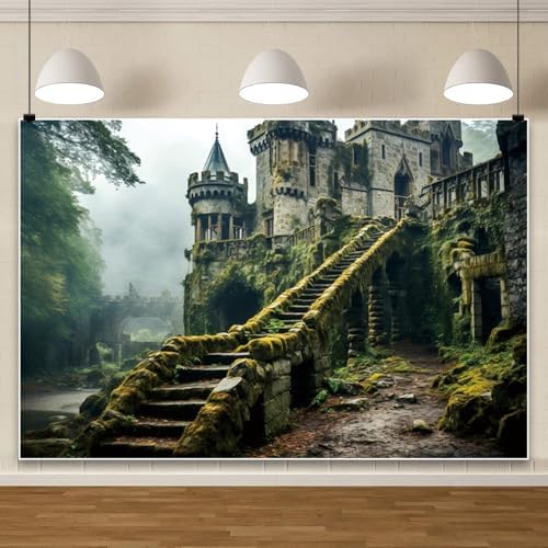 Leowefowa Mysterious Castle in The Forest Backdrop 8x6ft Ancient Magic Castle Fairy Tale Forest Photo Background Enchanted Forest Vintage Medieval Castle Photography Background Banner Vinyl - Image 2