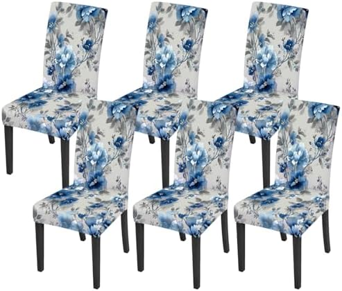 Blue Flower Chair Covers Set of 6,Stretchable Kitchen Dining Room Chair Covers Decorations Removable Washable Dining Chair Slipcovers Chair Protectors for Dining Room & Kitchen by LEIWEIHOPE
