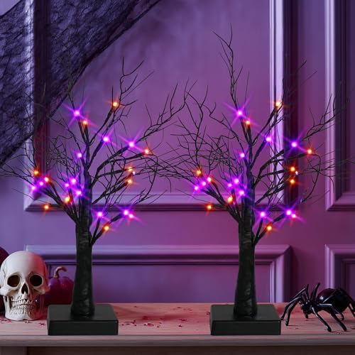 Dazzle Bright 2 Pack 20 Inch Orange & Purple Lighted Halloween Birches Tree Decor, 24 LED Battery Operated Halloween Decorations Artificial Black Spooky Tree with Timer for Indoor Home Party - Image 3