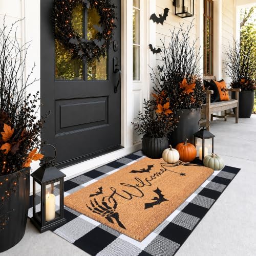 Halloween Welcome Door Mat Combo Set, Skeletal Hand Coco Coir Doormat -28" x 43" Black and White Plaid Rug, Autumn Front Porch Entryway Decor Floor Mat - Image 6