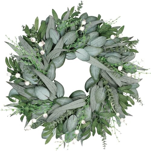 Vlorart 24 Inch Summer Wreath for Front Door, Artificial Outdoor Eucalyptus Wreath, Spring Green Wreaths for Front Door, Boxwood Wreaths with Berries and Olive Leaves for Outside Year Round by Vlorart