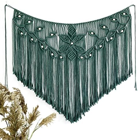Youngeast Home Decor Leaf Shape Macrame Wall Hanging Woven Tapestry Bedroom Curtain Fringe Garland Banner Living Room Wall Decor Dark Green 39X31 inches - Image 2