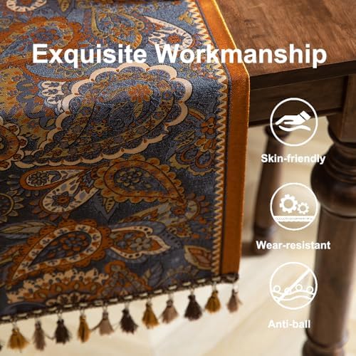 Vintage Floral Jacquard Table Runner with Multi-Color Tassels Luxury French Farmhouse Spring Table Runners Orange for Home Decor Dining Kitchen Living Room Coffee Tables 71" - Image 3
