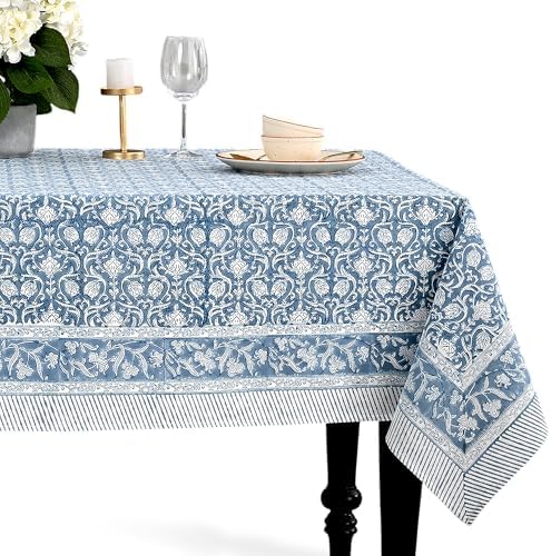 CPC Azure Regal Block Print 100% Cotton Rectangle Tablecloth 52x70 Inch by COTTONPRINTCLUB