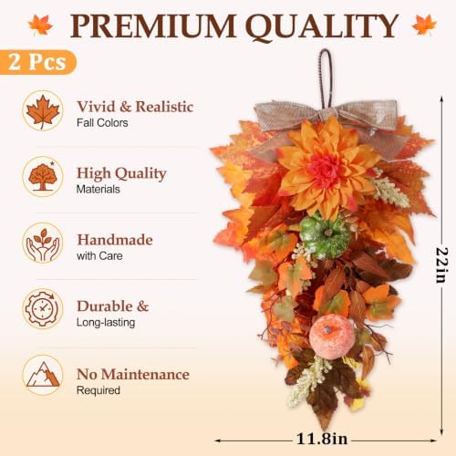 Shihanee 2 Pack 22 in Fall Teardrop Swags Autumn Pumpkin Front Door Decor - Image 2
