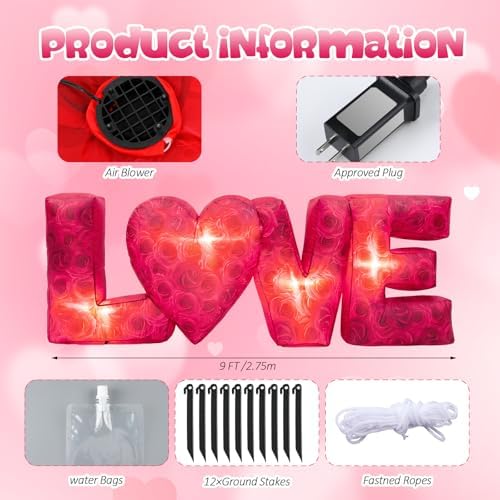 Kosiz 9 ft Long Valentine's Day Inflatable Outdoor Decoration Inflatable Red Rose Love Letters with Build-in LED Lights Romantic Valentines Blow up Yard Decor for Home Wedding Ceremony Yard Lawn - Image 2