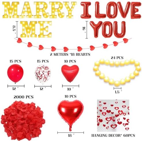 Marry Me Light Up Letters Proposal Decorations, 7Pcs 8.5" Marry Me Sign, 24Pcs Flameless Candles 2000Pcs Red Fake Rose Petals 8Pcs I Love You Letter Balloons 55Pcs Latex Heart Balloon Valentine's Day - Image 3
