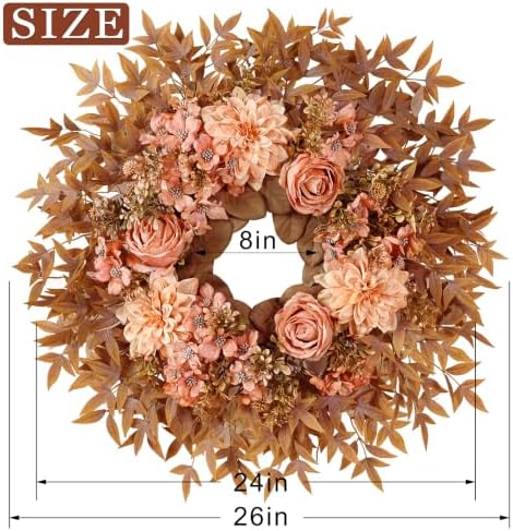 26" Artificial Silk Rose Dahlia Flower Wreath for Front Door (Fall Orange) - Image 6