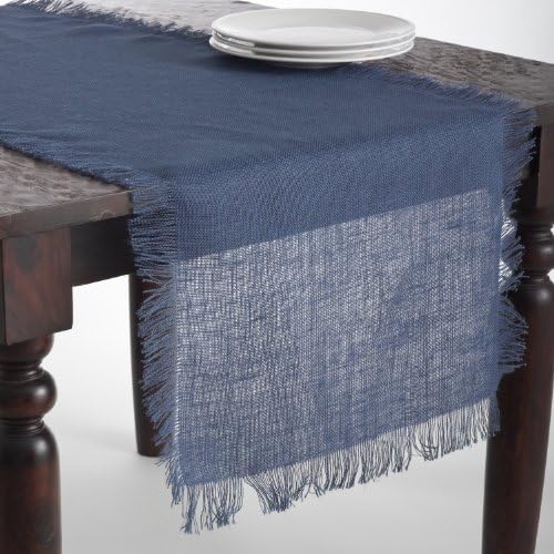 Fennco Styles Mari Sati Fringed Burlap Rectangular Navy Blue Table Runner 20" W x 108" L - 100% Jute Table Runner for Everyday Use, Banquets, Family Dinner, Special Events and Home Décor by FenncoStyles