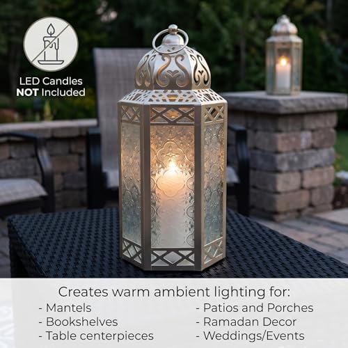 Vela Lanterns Decorative Indoor Candle Holder Table Centerpieces - Moroccan Hanging Outdoor Patio & Porch Home Decor, Turkish Lamp for Wedding, Ramadan (Large 12", White Gold) - Image 4
