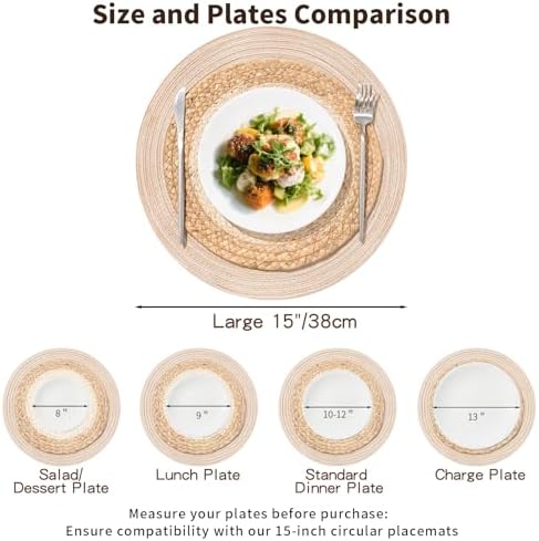 Handmade Round Boho Placemats Set of 6 | Natural Woven & Polyester Braided Combo Table Mats | 12-Piece Versatile Place Mats | Simple Rustic Farmhouse Style Dining Table Decor, Beige - Image 6