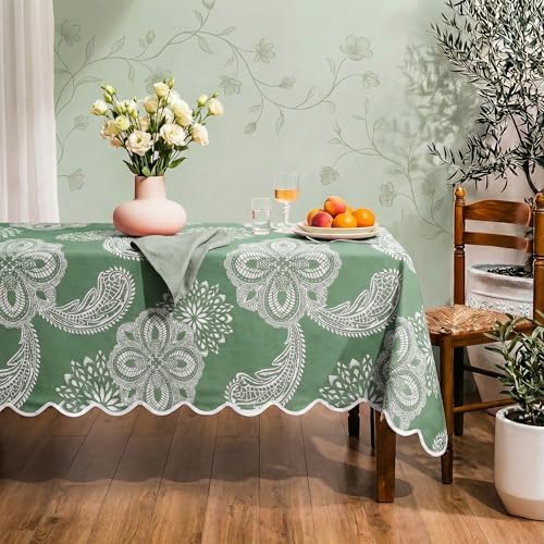 Cotton Damask Print Tablecloth with Scalloped Edge, Machine Washable, Marsh Green, 60 x 60 Inch Square by Unknown
