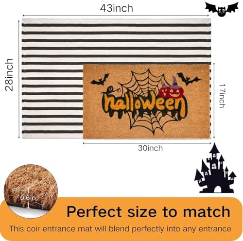 Halloween Front Door Mat Combo Set, Spider Web Coco Coir Welcome Doormat -28" x 43" Black and White Striped Rug, Autumn Fall Porch Entryway Decor Floor Mat - Image 2