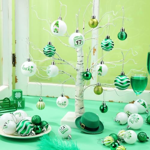 VIHOSE 40 Pcs St. Patrick's Day Ball Ornament-Lucky Shamrock Ornaments for Tree,Green White Clover Hanging Decorations,Assorted Plastic Hanging Balls Decors for Irish Festival Home Party Festival - Image 2