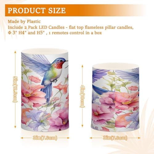 ALAZA Spring Hummingbird Flowers Flickering Flameless Candles Battery Operated with Remote Timer,Tea Light Candles LED Pillar Votive Candles Set of 2 for Outdoor Indoor Decorations - Image 3